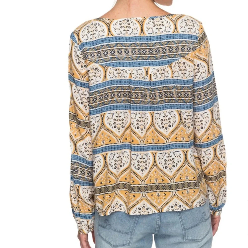 Roxy Women’s Boho Patterned Blouse - Yellow and Blue Size Small Bohemian